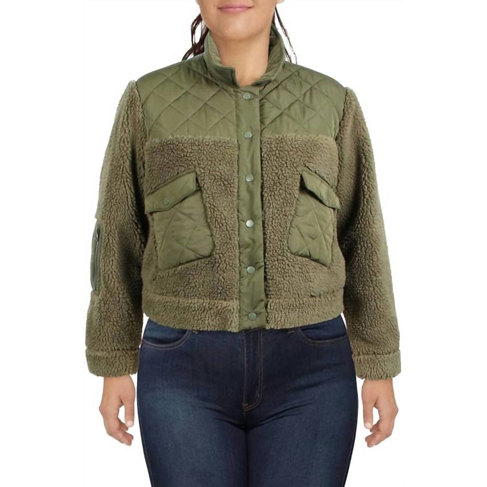NEW RAILS women's peyton quilted mixed media teddy coat in green